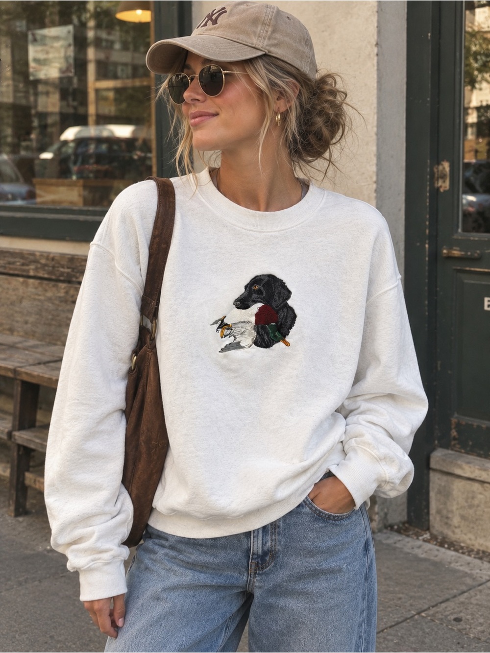 Vintage Sweater Embroidered Black Dog and Duck Design size medium oversized